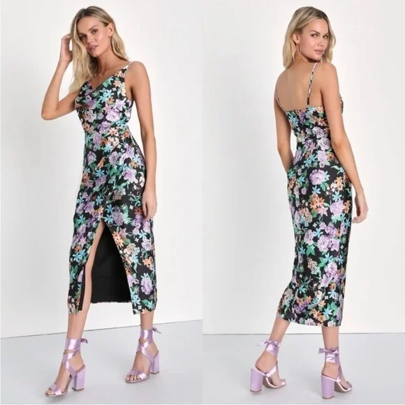 Lulu's Black Floral Midi Dress with Purple & Green Accents - Picture 2 of 14